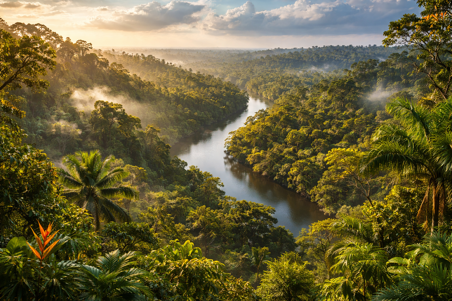Lush green Amazon rainforest canopy with winding river