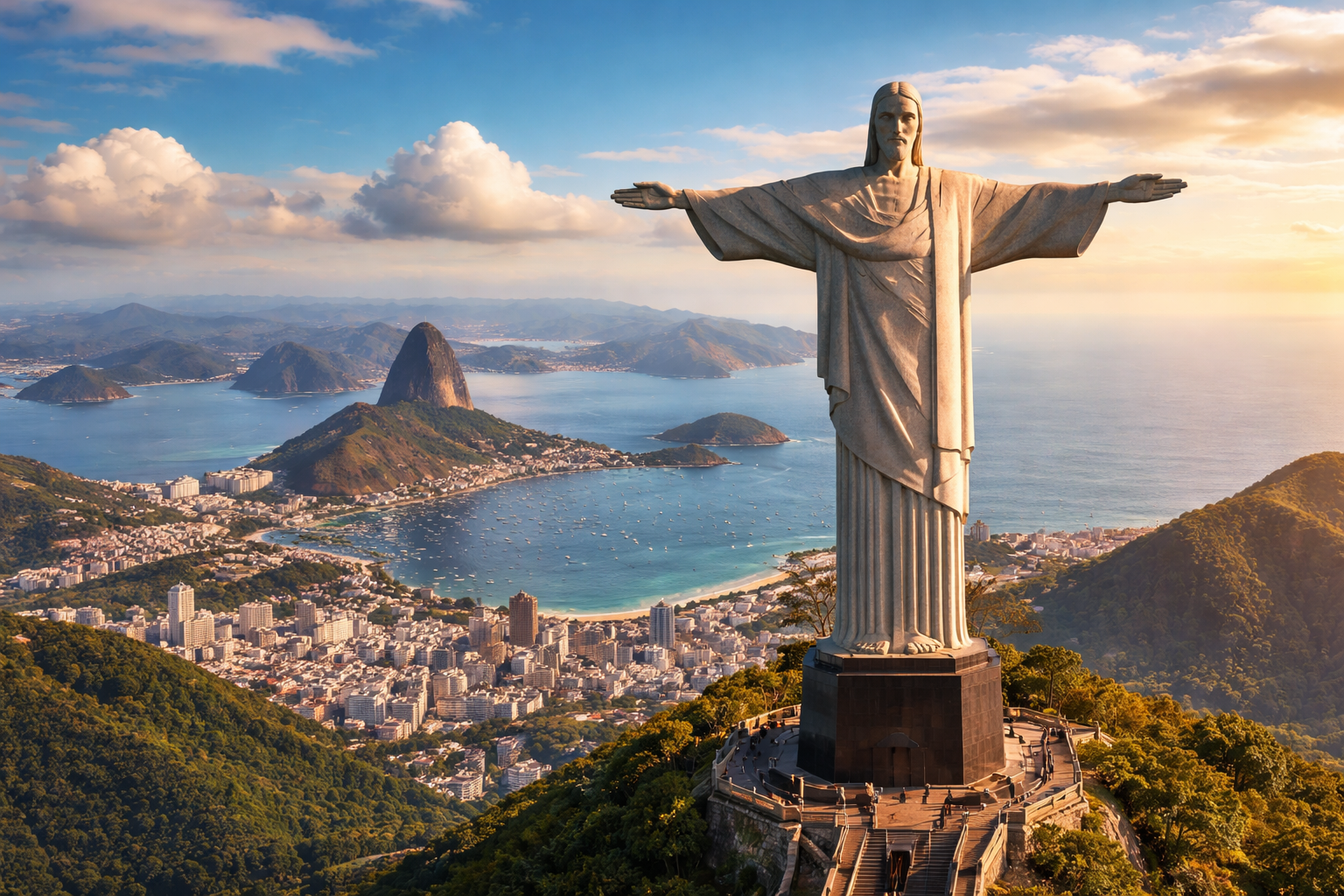 Christ the Redeemer statue overlooking Rio at sunset
