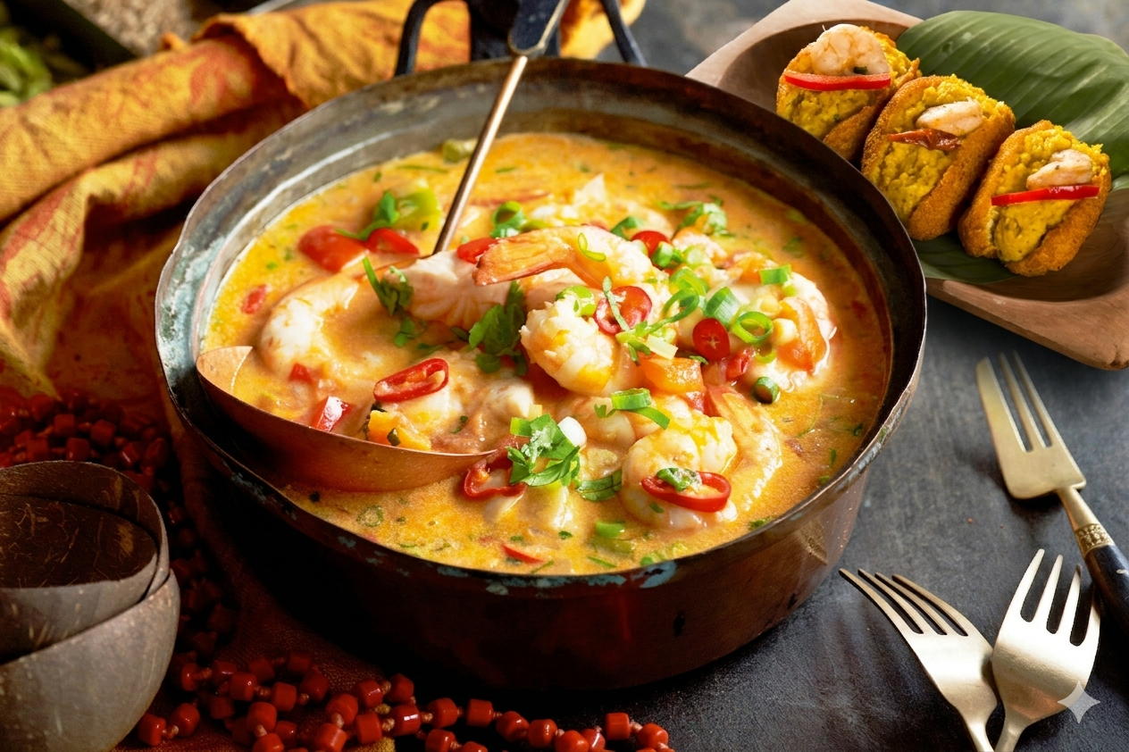 Fresh Brazilian Moqueca seafood stew simmering